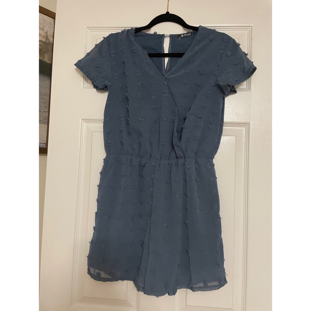 Teal Swiss dot romper